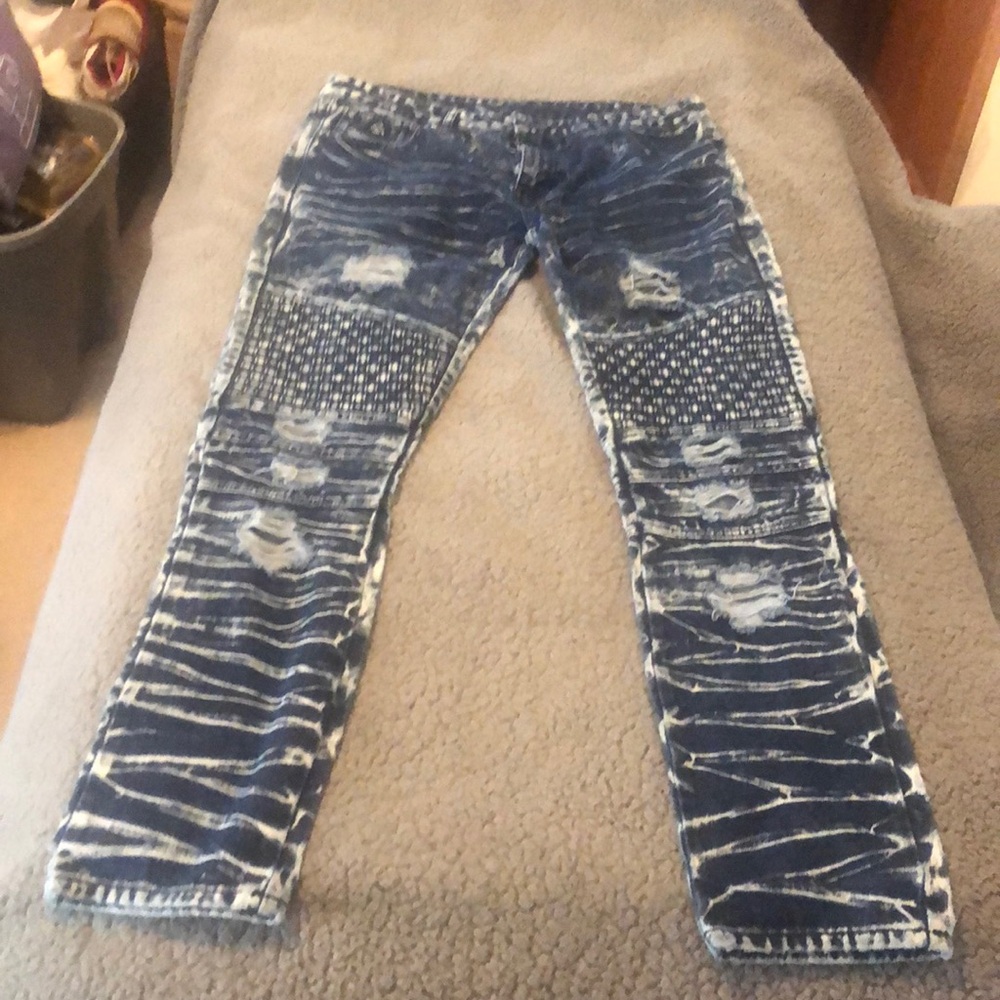 DNM collection men’s jeans, 36X 32 distressed patches weaves and washed